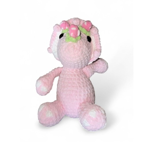 Other - Handmade Pink Crochet Dinosaur Stuffed Animal Toy With Flowers For Kids